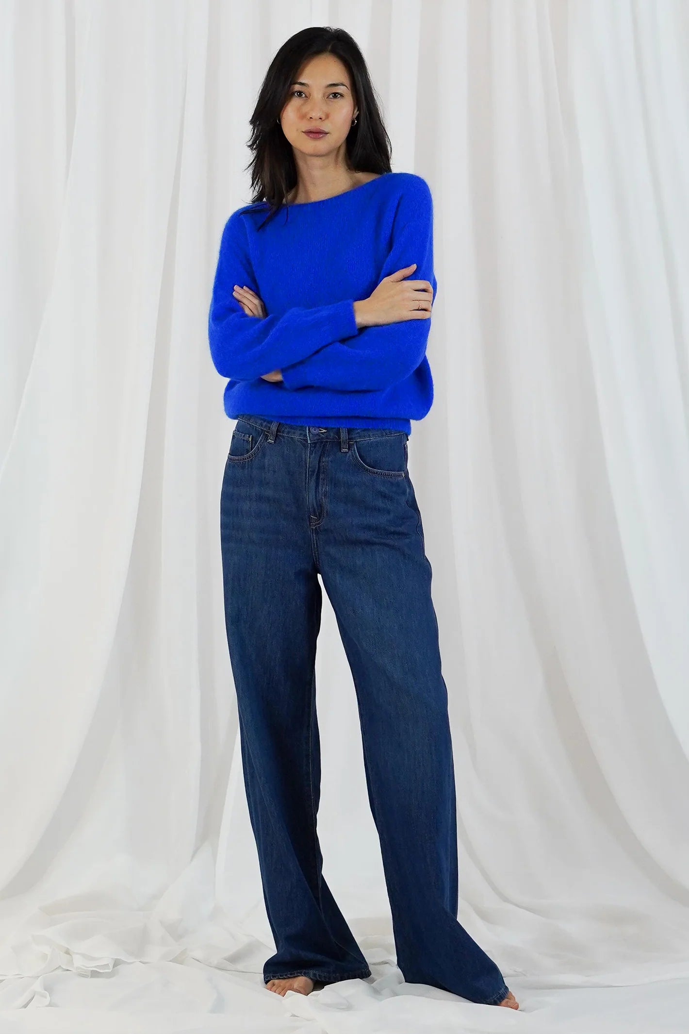 TWNS The Label Sanibel electric blue boat neck jumper with a relaxed fit and long sleeves.