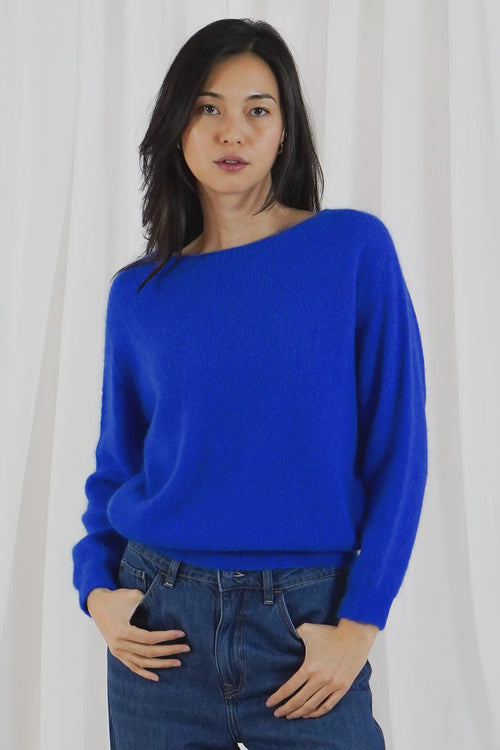 TWNS The Label Sanibel electric blue boat neck jumper with a relaxed fit and long sleeves.