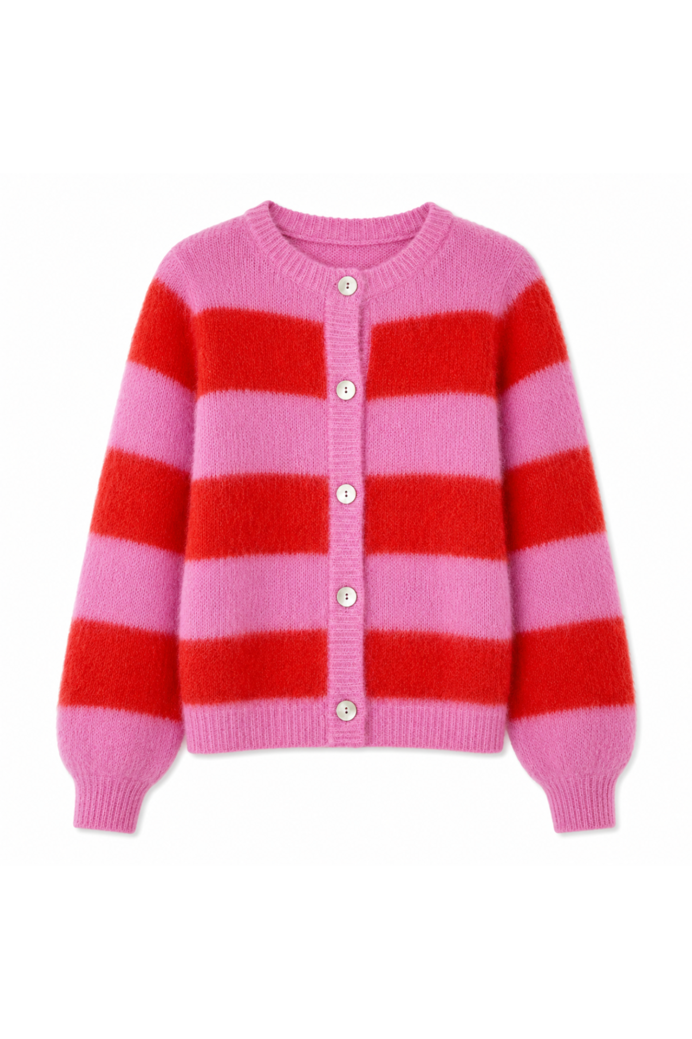 TWNS The Label Timea bubblegum pink and fire striped cardigan with a round neck, button front and relaxed fit.
