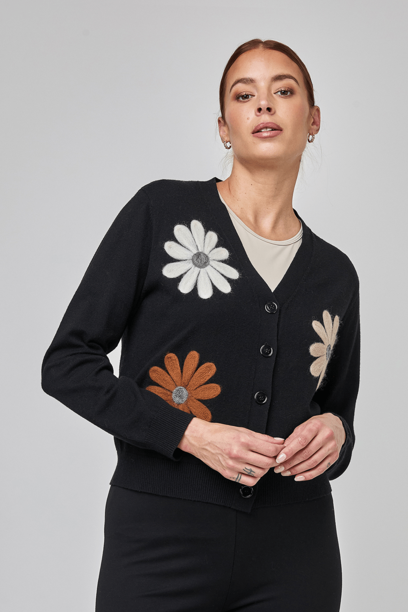 UCHUU CF25 - 911 Button - Down Cardigan with Floral Appliqués - Dotique - Uchuu