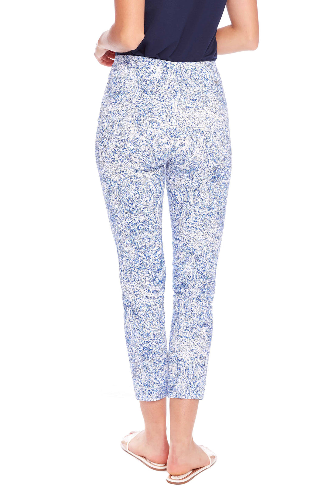 Up Pants Santorini Print Textured Ankle Trousers Blue White 68423 - Dotique