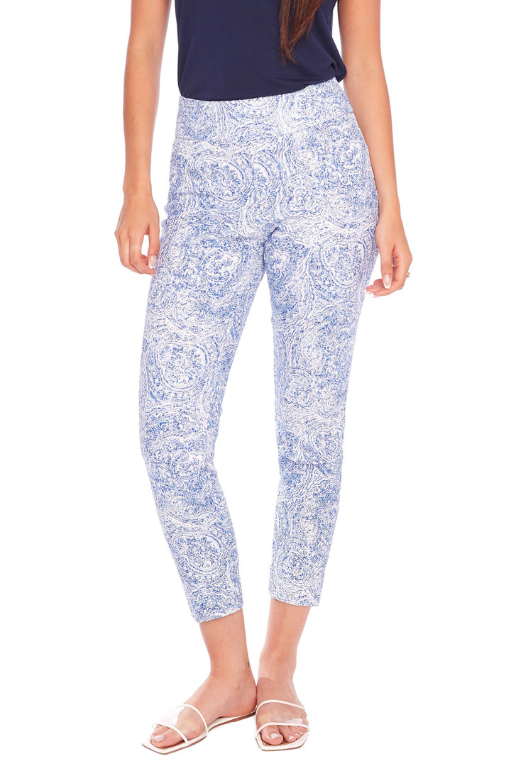 Up Pants Santorini Print Textured Ankle Trousers Blue White 68423 - Dotique