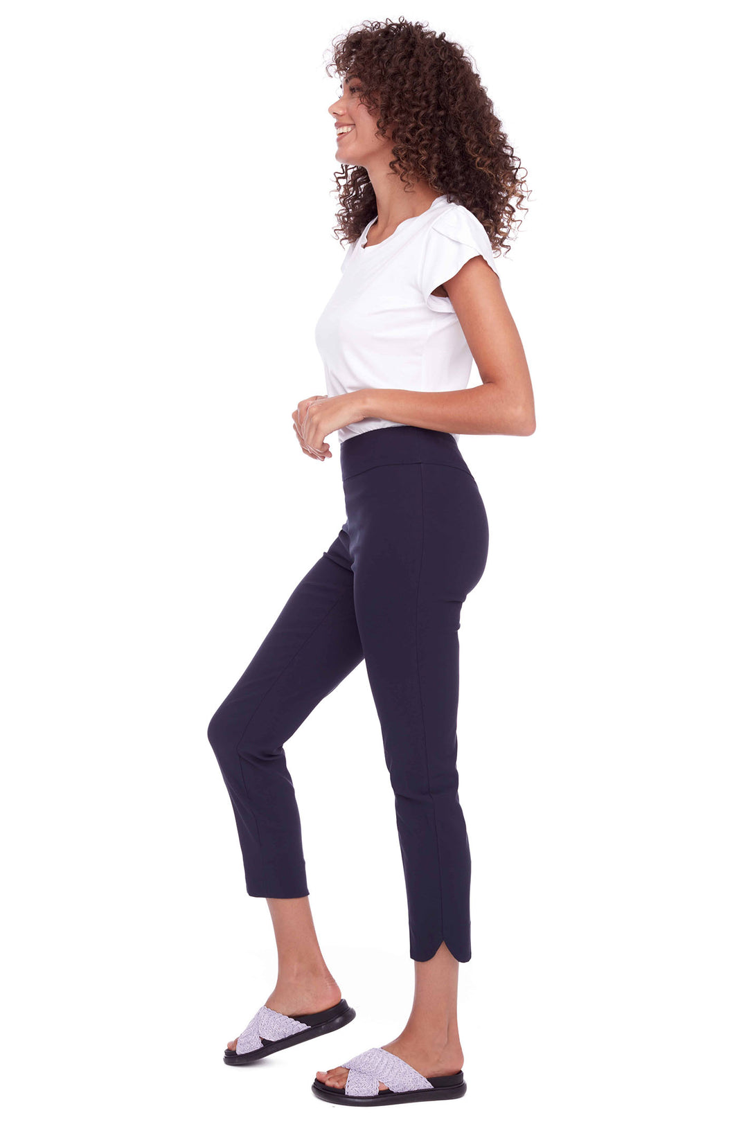 Up Pants Solid Techno Petal-Slit Navy Trousers 65027A - Dotique