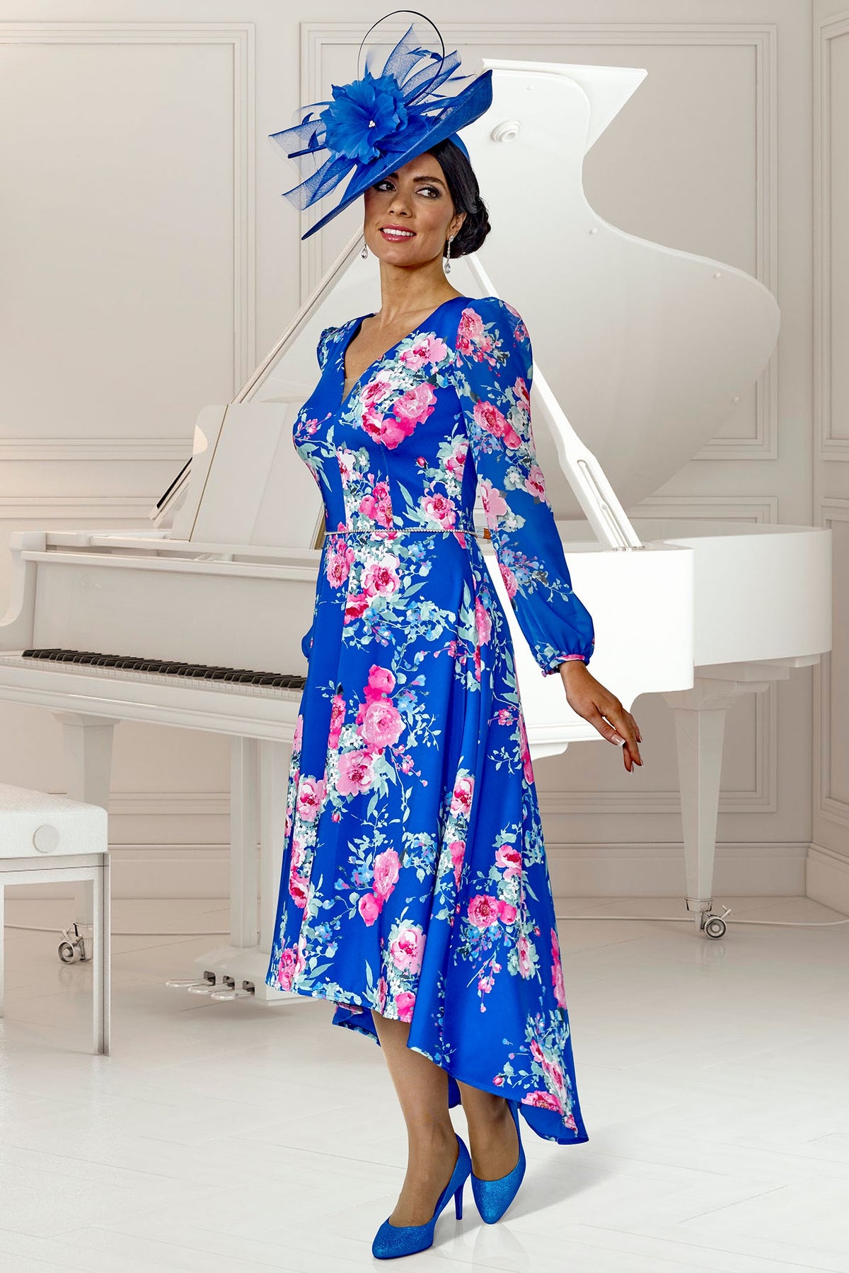 Veromia Occasions Hi-Lo Dress Cobalt Blue Floral Print VO0911 model Veromia Occasions Shop Veromia Occasions at Dotique