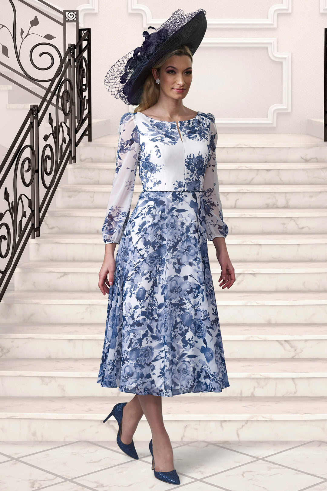 Veromia VO9676 Navy Ivory Floral Print Occasion Dress - Dotique