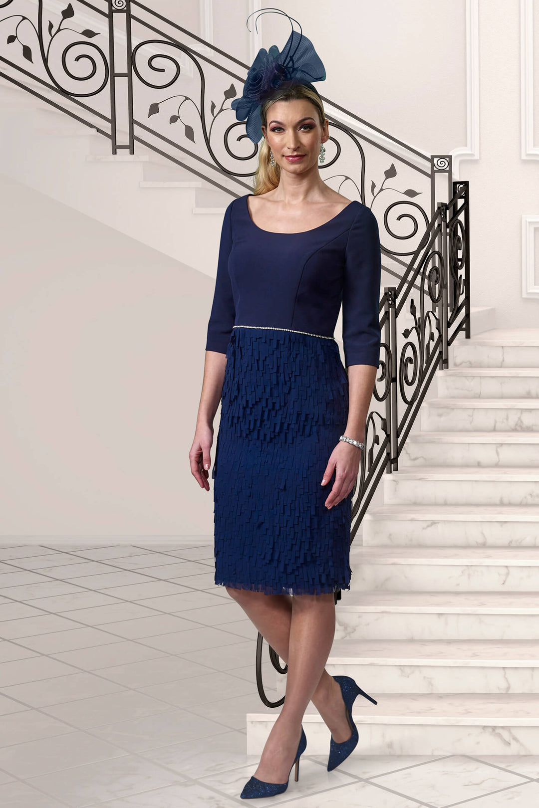 Veromia VO9688 Navy Layered Skirt Occasion Dress - Dotique