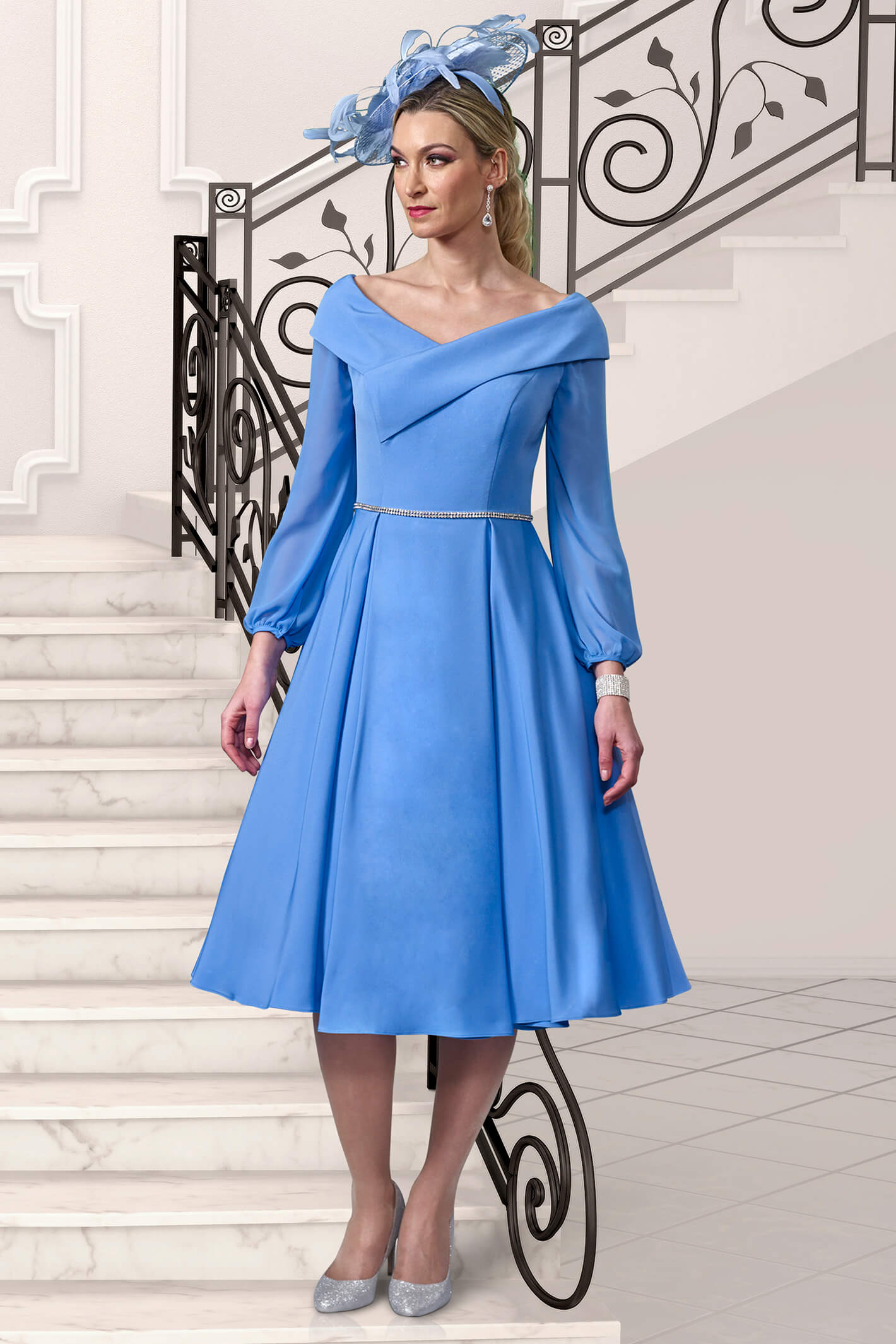 Veromia VO9693 Ocean Blue On The Shoulder A Line Occasion Dress