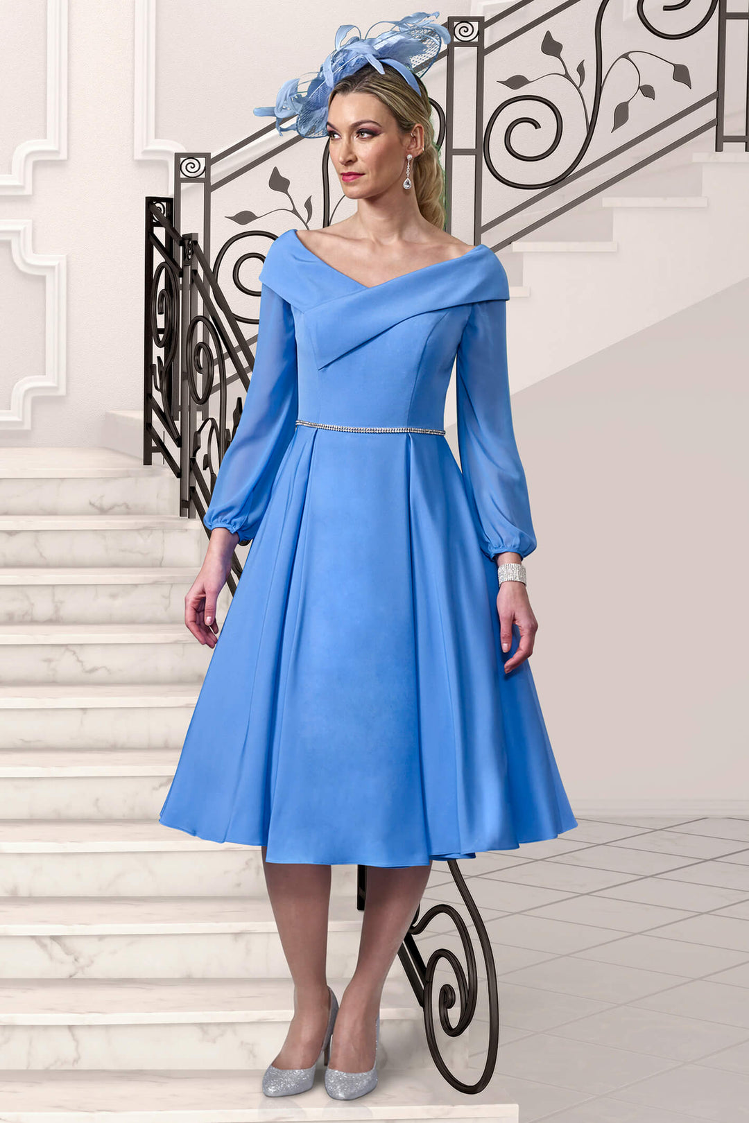 Veromia VO9693 Ocean Blue On-The-Shoulder A-Line Occasion Dress