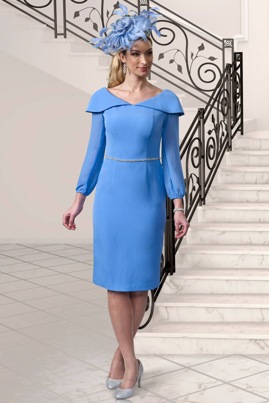 Veromia VO9697 Ocean Blue Cape Shoulder Occasion Dress - Dotique