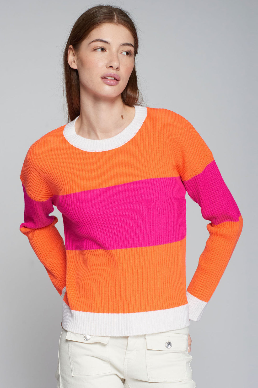 Vilagallo 31532 Colour Block Ribbed Jumper Orange Pink - Dotique