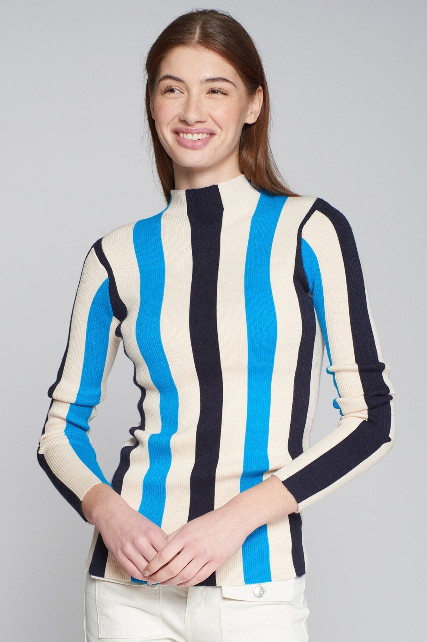 Model wearing Vilagallo 31692 Blue Ecru Stripe Jumper by Vilagallo, shop Vilagallo at Dotique online