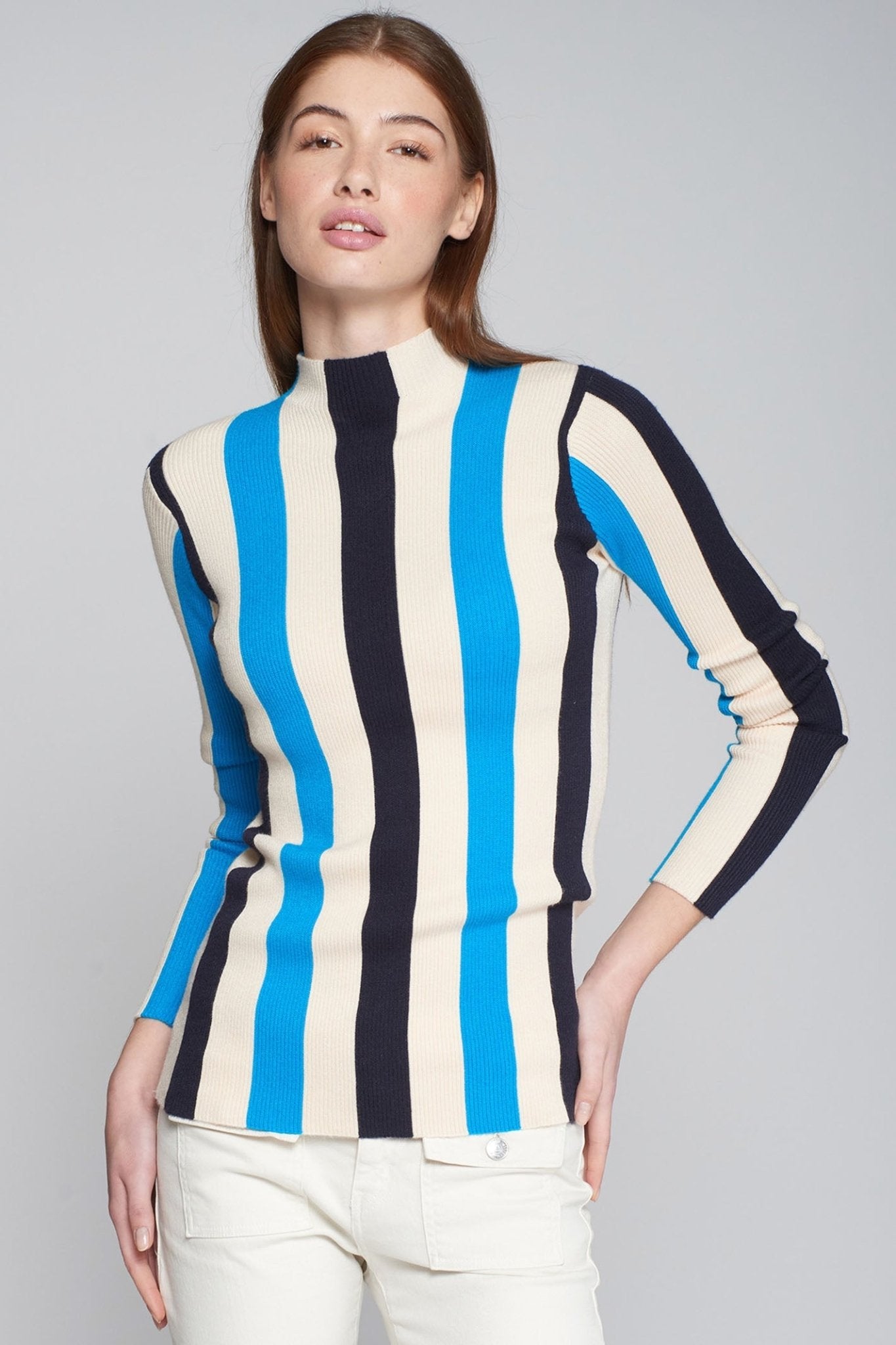 Model wearing Vilagallo 31692 Blue Ecru Stripe Jumper by Vilagallo, shop Vilagallo at Dotique online.