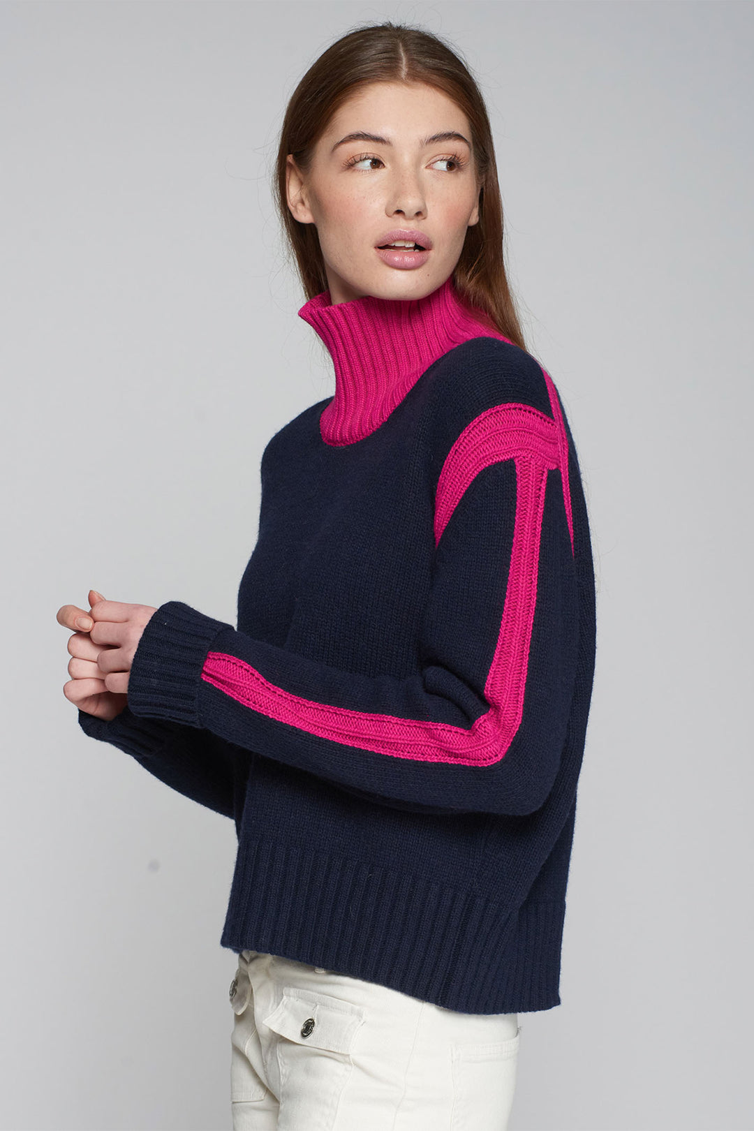 Vilagallo 31735 Navy Pink Polo Neck Jumper - Dotique