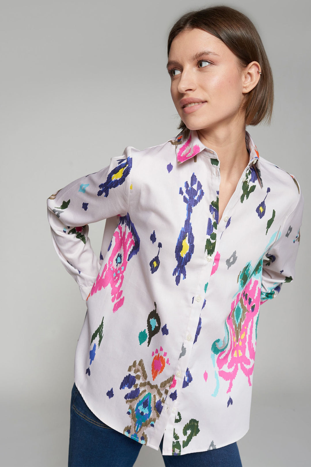 Vilagallo 31873 White Multicolour Ikat Print Cotton Shirt - Dotique