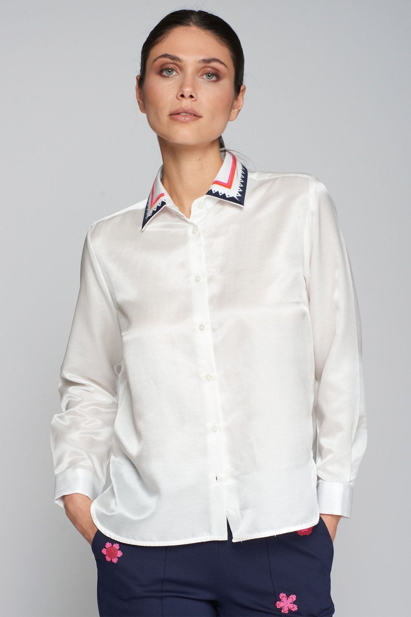 Vilagallo 31947 Embroidered White Silk Cotton Shirt - Dotique - Vilagallo