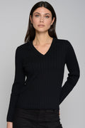 Model wearing a black ribbed V-neck Vilagallo 31961 Black Button Sleeve Jumper by Vilagallo, shop Vilagallo at Dotique