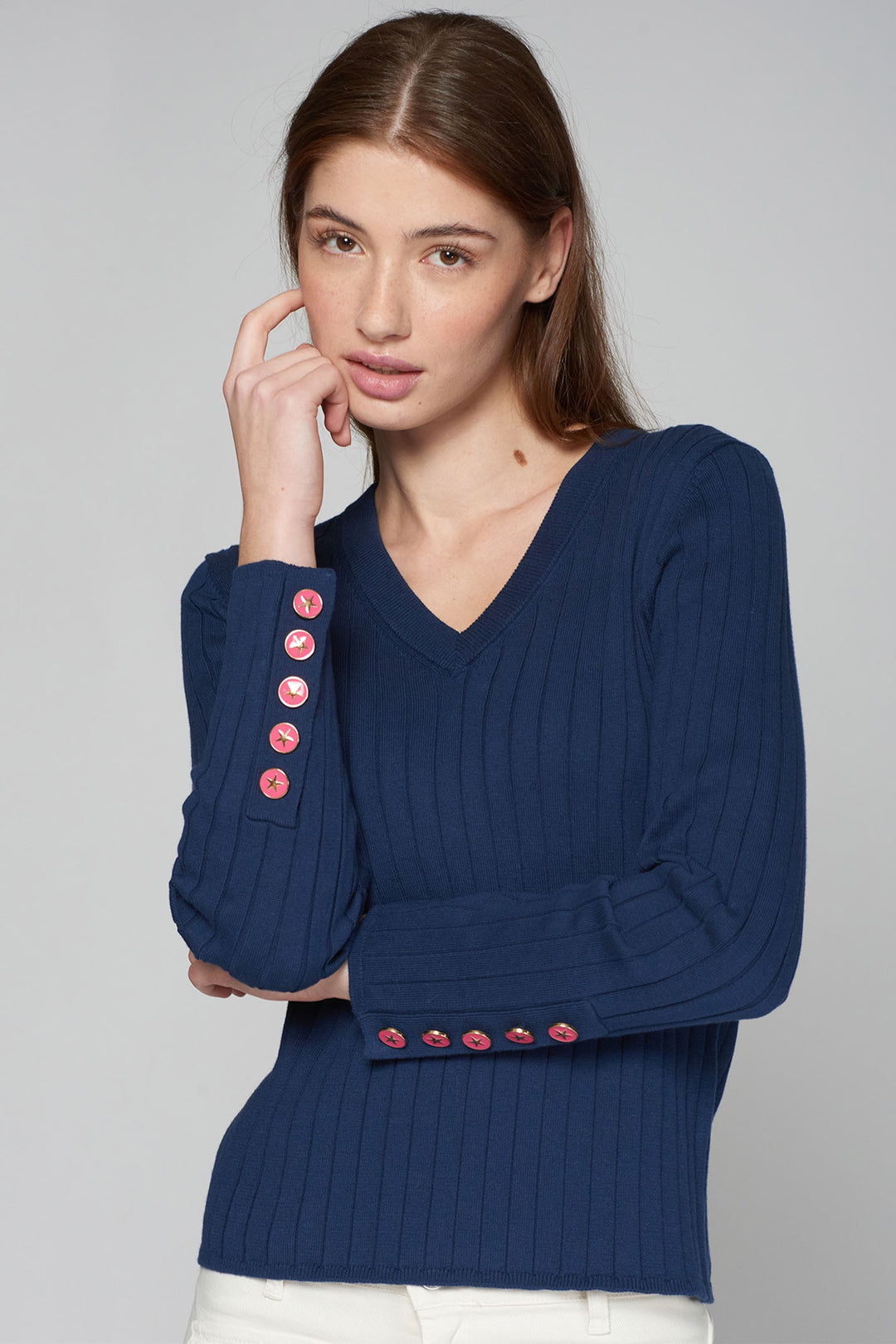 Vilagallo 31963 Navy Cotton V Neck Jumper - Dotique