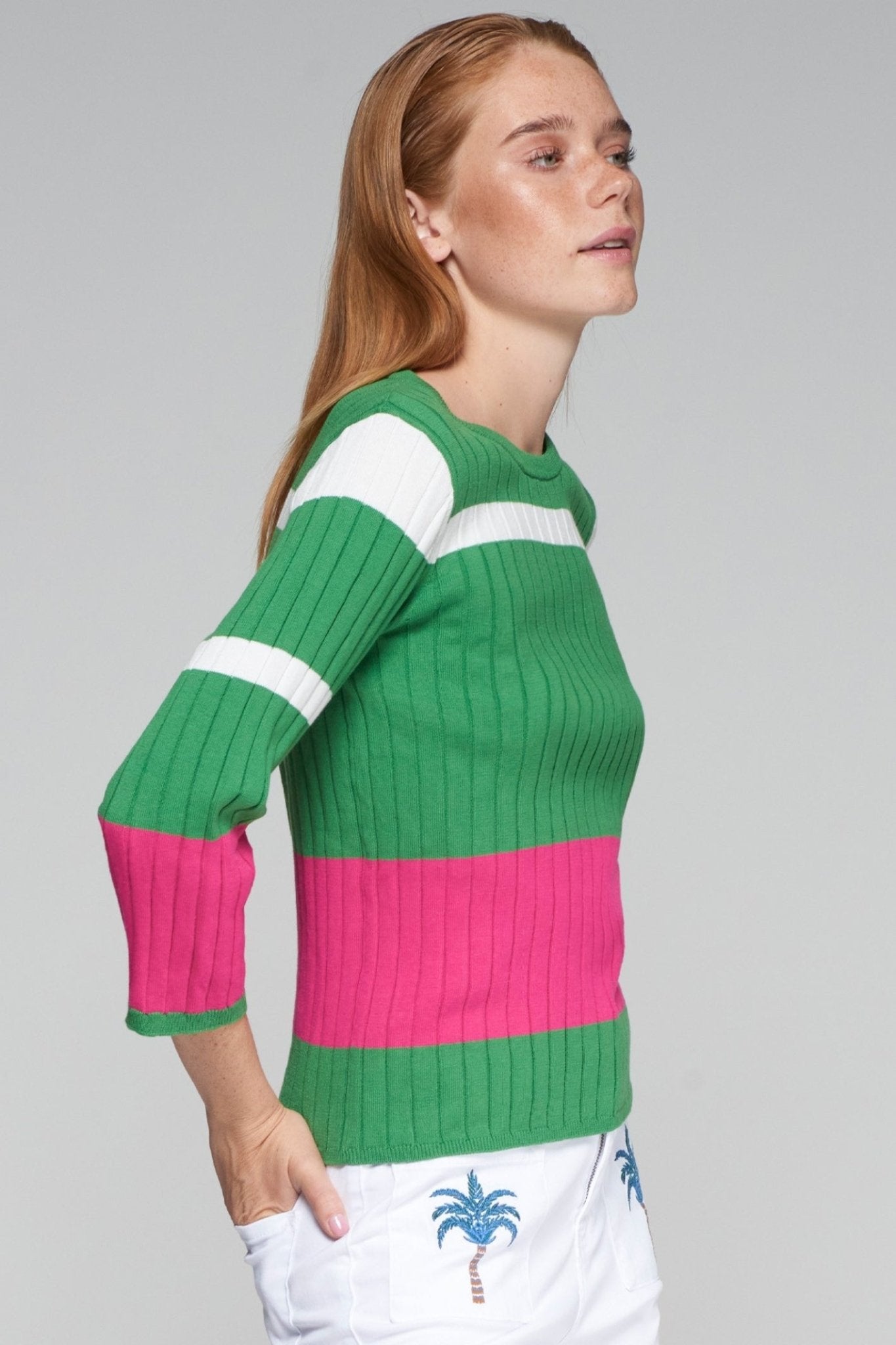 Vilagallo 32132 Knitwear Jersey Colour Block Canale Verde Rosa – Green Ribbed Jersey with Pink and White Stripes by Vilagallo, shop at Dotique.