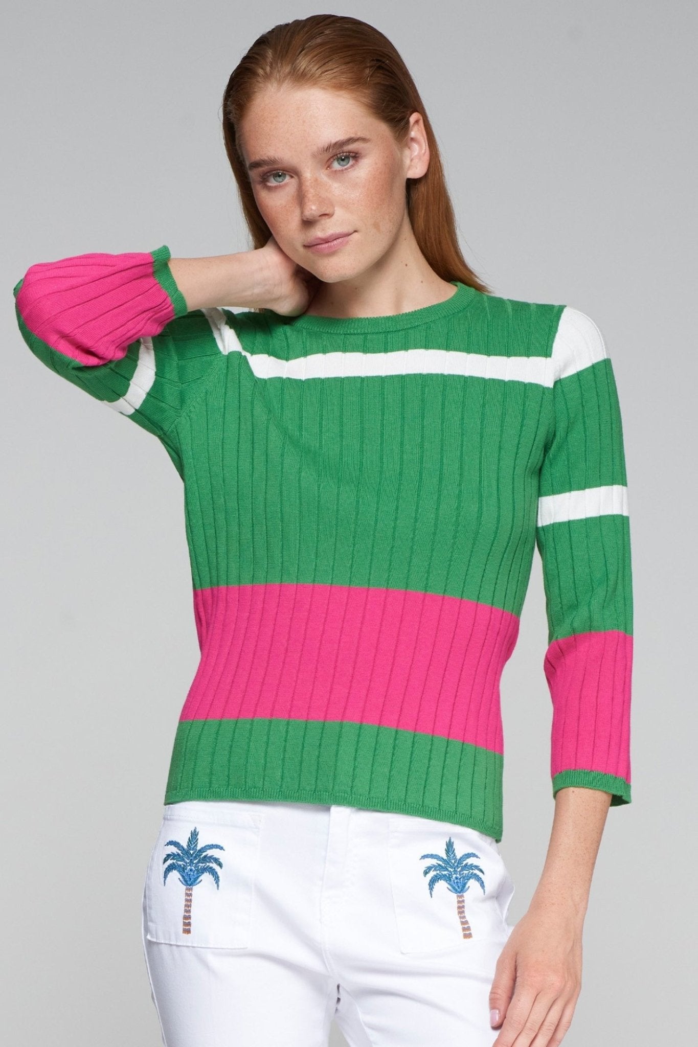 Vilagallo 32132 Knitwear Jersey Colour Block Canale Verde Rosa – Green Ribbed Jersey with Pink and White Stripes by Vilagallo Shop at Dotique