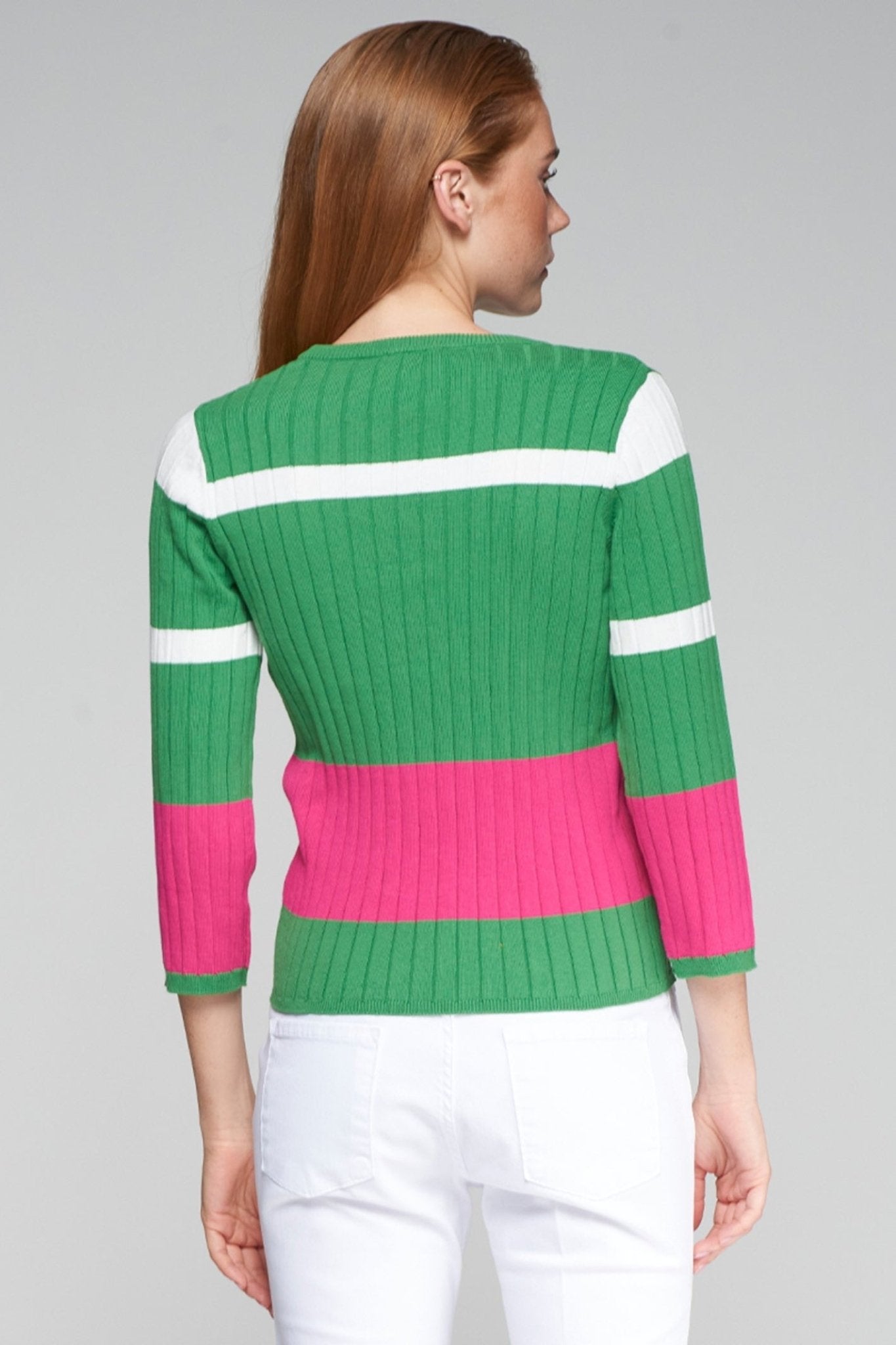 Vilagallo 32132 Knitwear Jersey Colour Block Canale Verde Rosa – Green Ribbed Jersey with Pink and White Stripes by Vilagallo shop at Dotique.