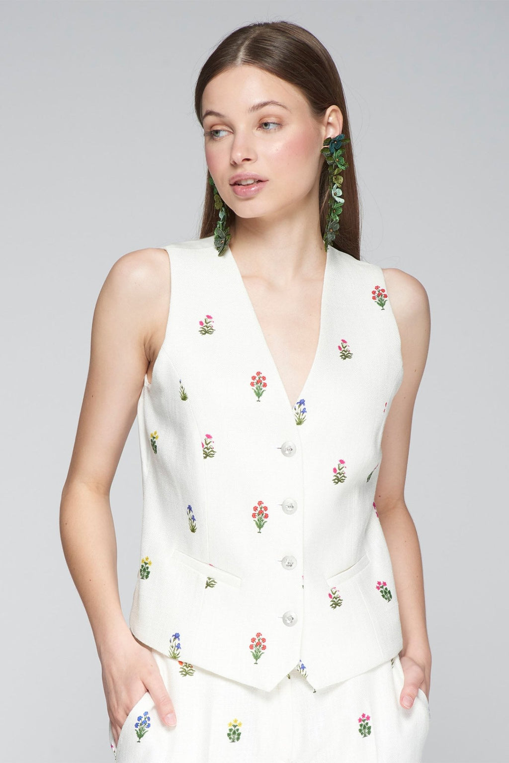 Vilagallo 32261 White Flower Print Waistcoat - Dotique