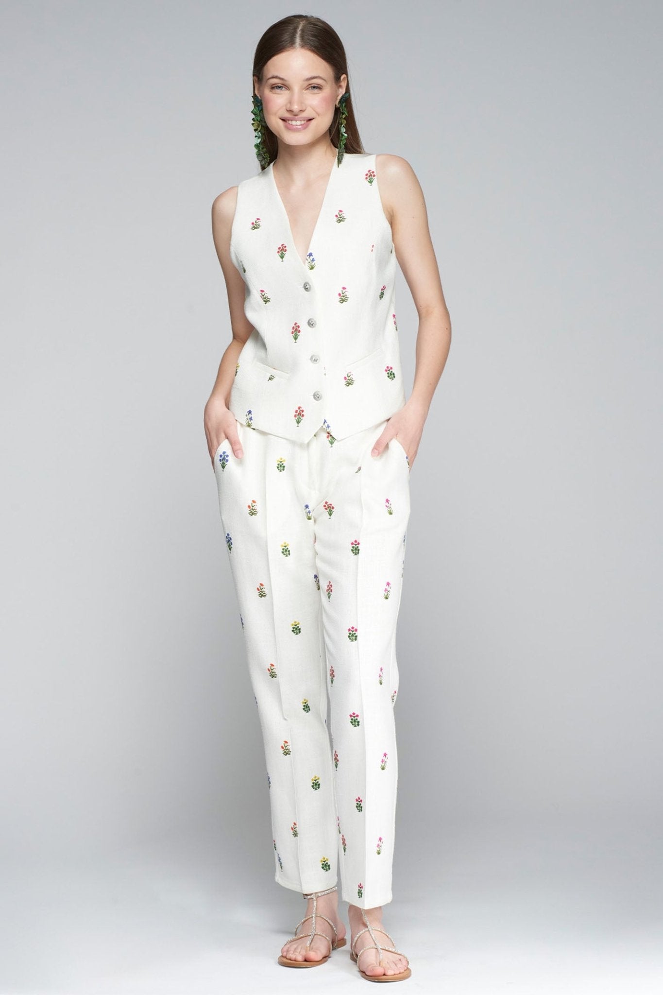 Vilagallo 32266 White Flower Print Trousers - Dotique - Vilagallo