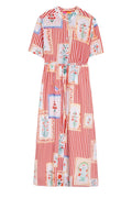 Vilagallo 32275 Cotton Dress Aroa Patchwork Rayas Print – Red & Pink Stripes with Flower Patches by Vilagallo, shop at Dotique.