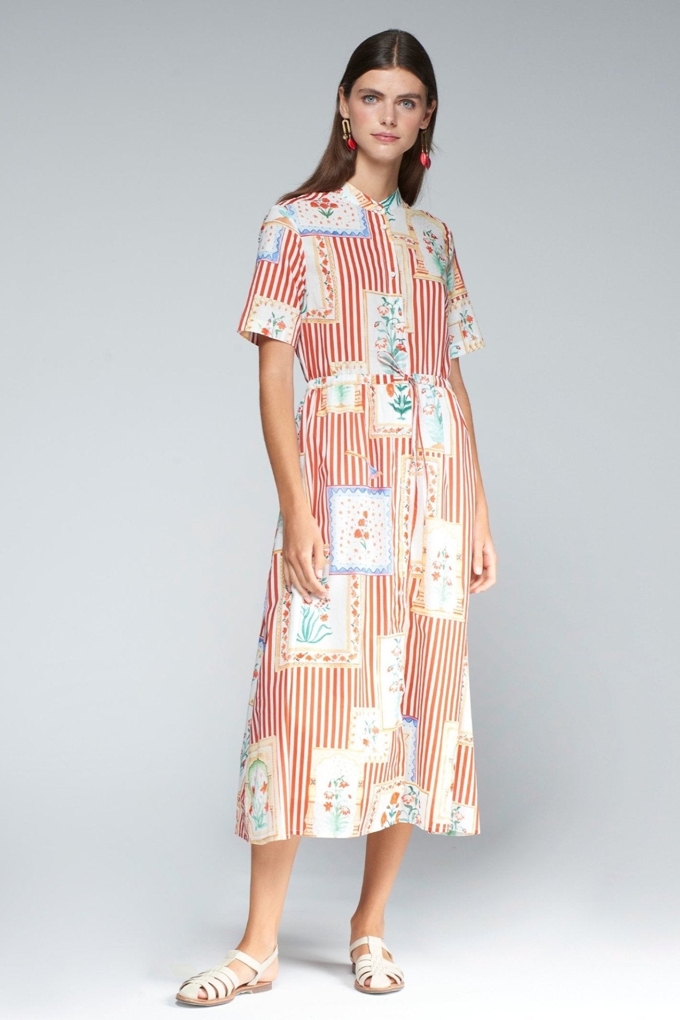 Vilagallo 32275 Cotton Dress Aroa Patchwork Rayas Print – Red & Pink Stripes with Flower Patches by Vilagallo Shop at Dotique