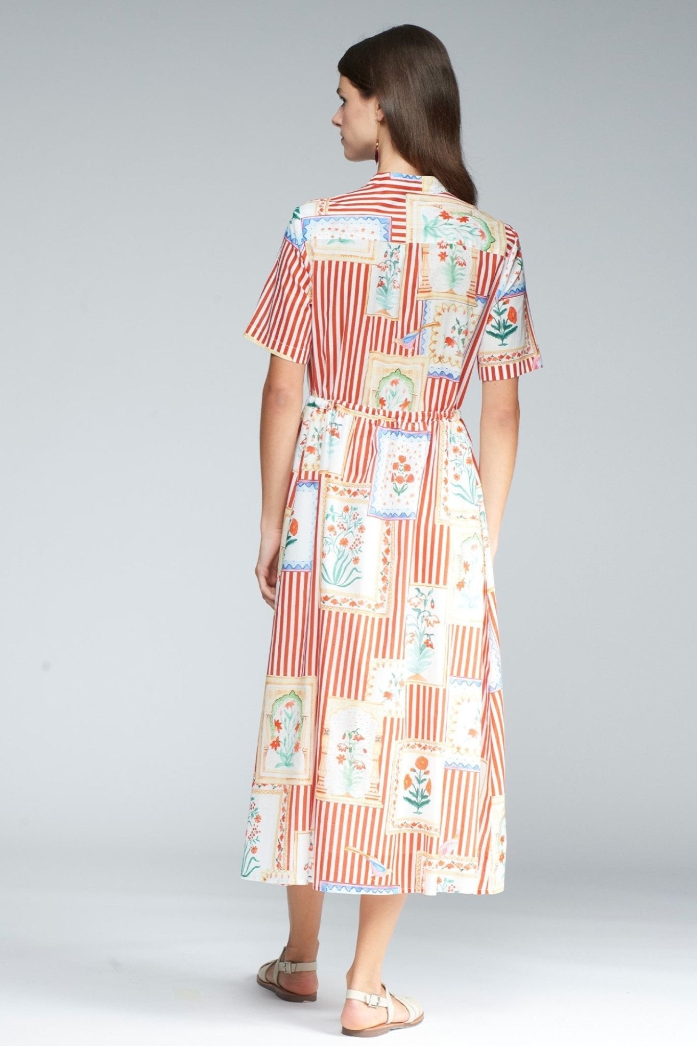 Vilagallo 32275 Cotton Dress Aroa Patchwork Rayas Print – Red & Pink Stripes with Flower Patches by Vilagallo. Shop Vilagallo at Dotique.
