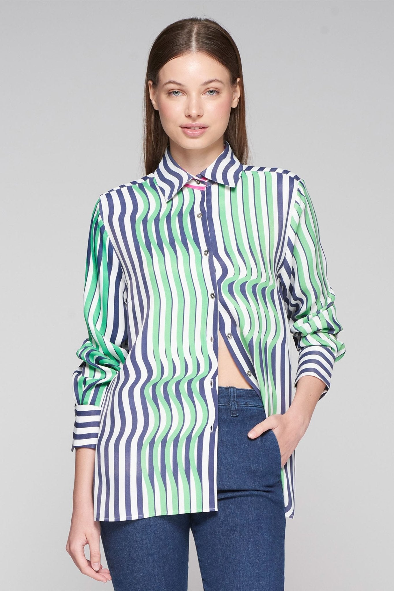 Vilagallo 32321 Navy Green Wave Print Shirt - Dotique - Vilagallo