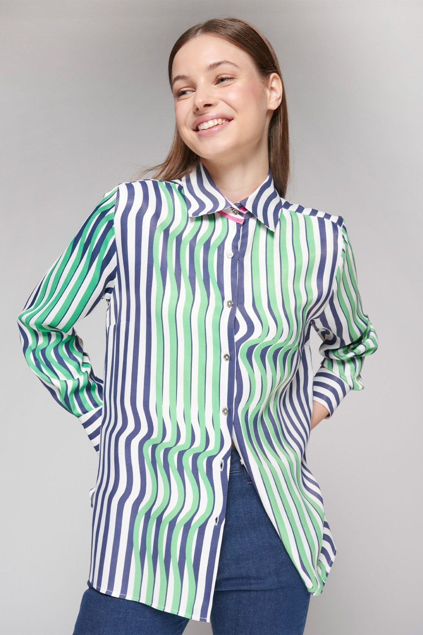 Vilagallo 32321 Navy Green Wave Print Shirt - Dotique - Vilagallo