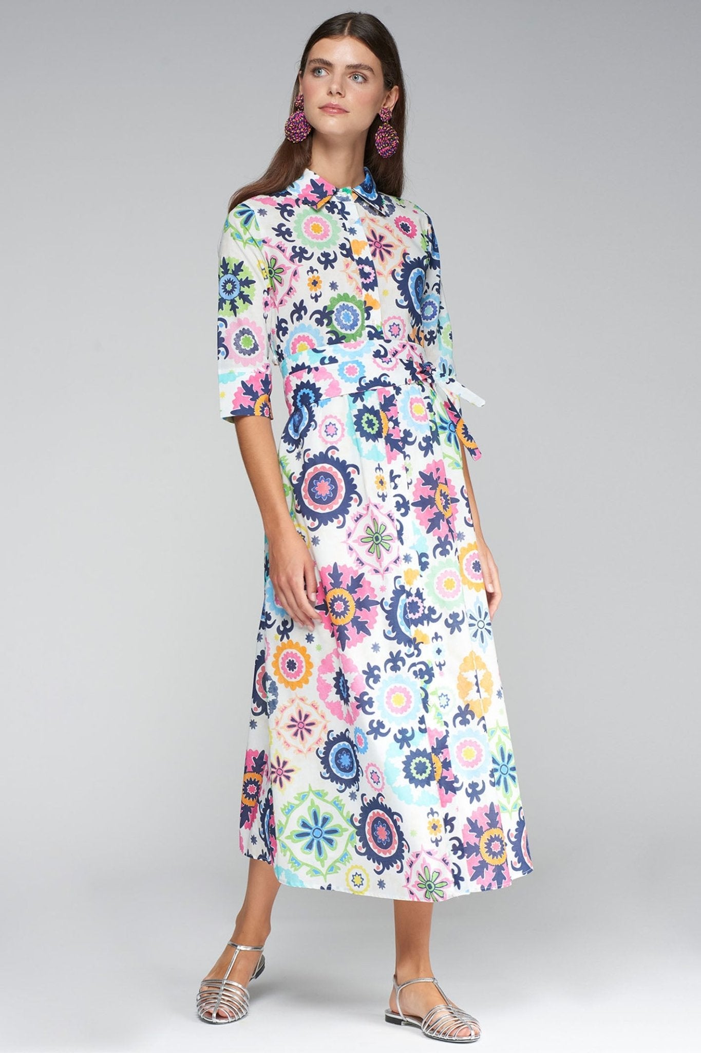 Model wears Vilagallo 32371 Multicolour Flower Print Shirt Dress by Vilagallo, shop Vilagallo at Dotique online.