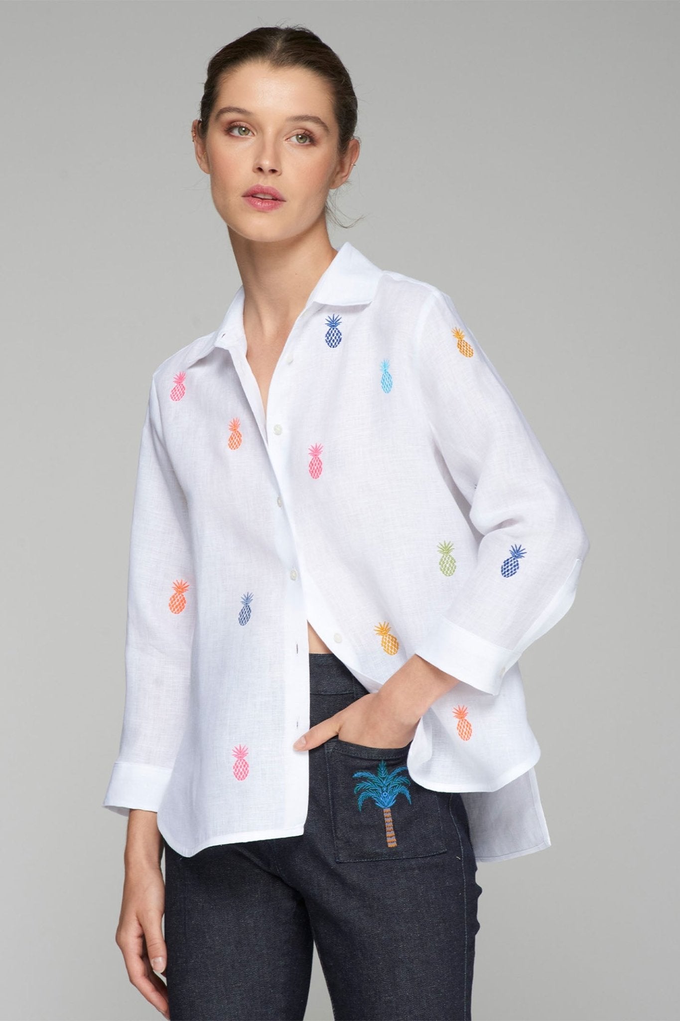 Vilagallo 32372 White Embroidered Pineapple Shirt - Dotique - Vilagallo