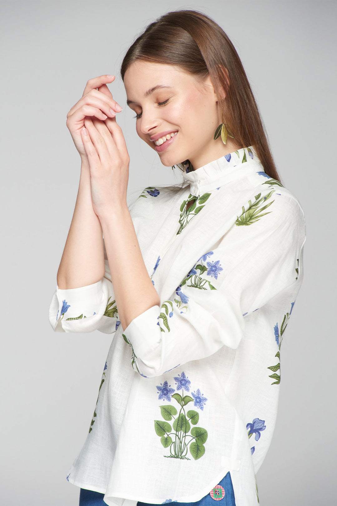 Vilagallo 32388 White Blue Flower Print High Neck Blouse