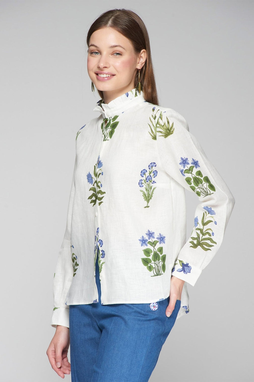 Vilagallo 32388 White Blue Flower Print High Neck Blouse - Dotique - Vilagallo