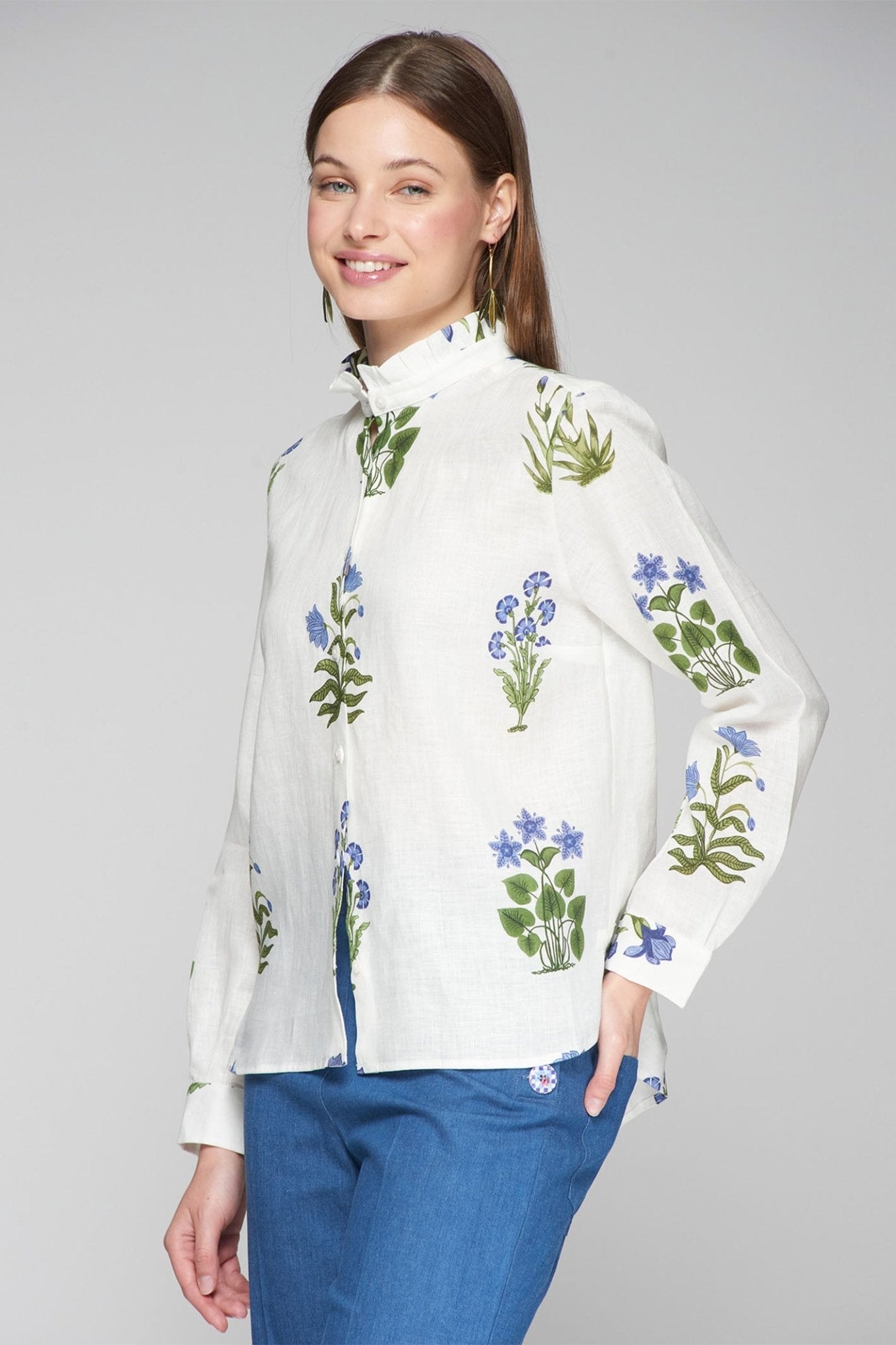 Vilagallo 32388 White Blue Flower Print High Neck Blouse - Dotique - Vilagallo