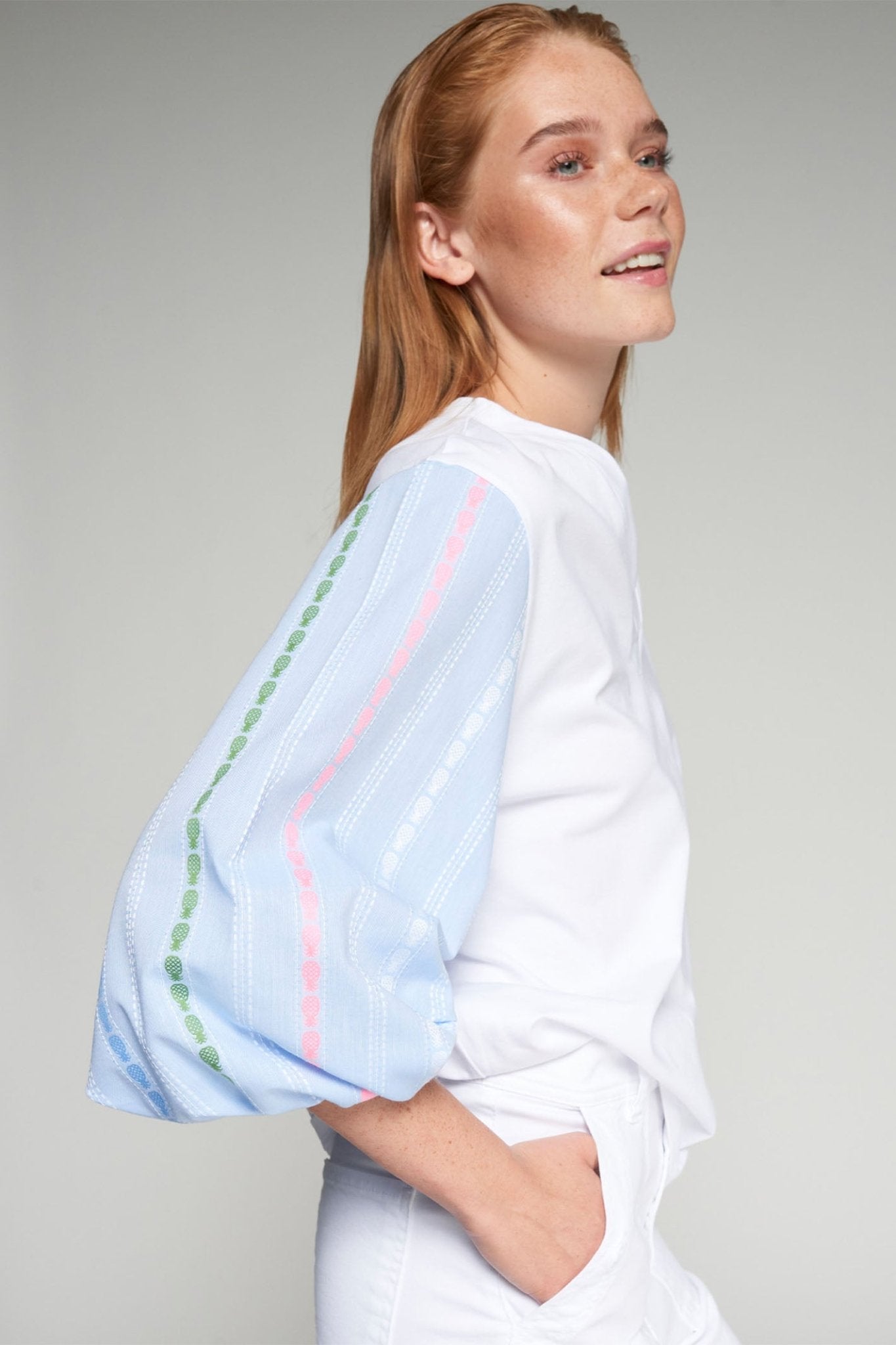 Vilagallo 32495 White Blue Puff Sleeve V - Neck Top - Dotique - Vilagallo