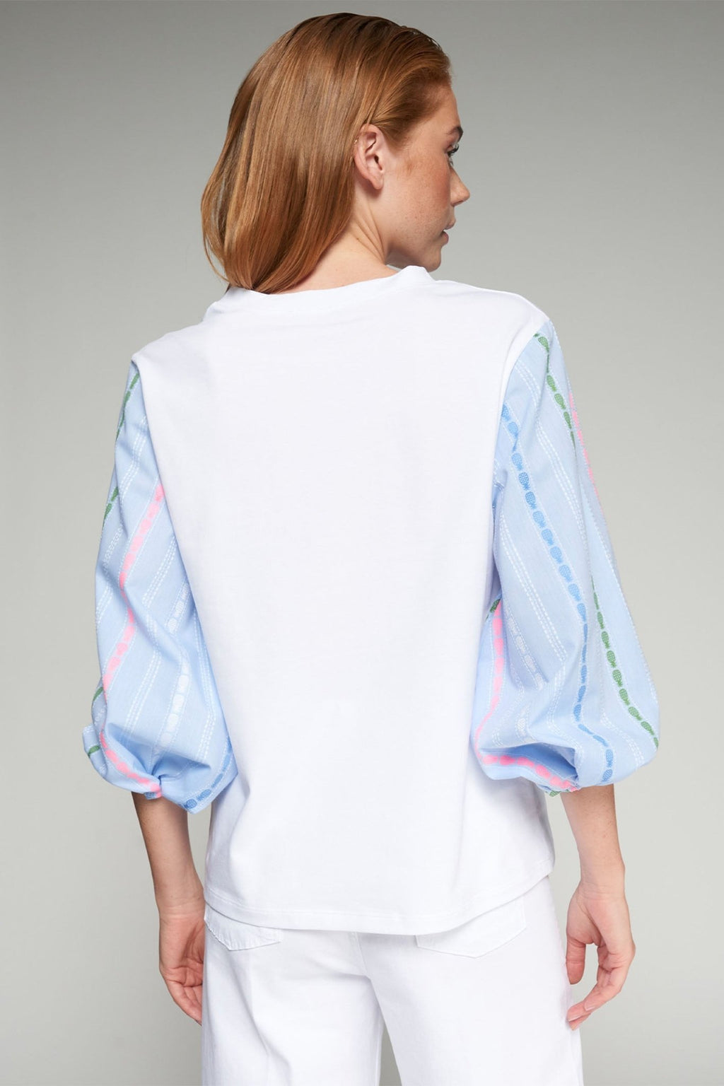 Vilagallo 32495 White Blue Puff Sleeve V - Neck Top - Dotique - Vilagallo