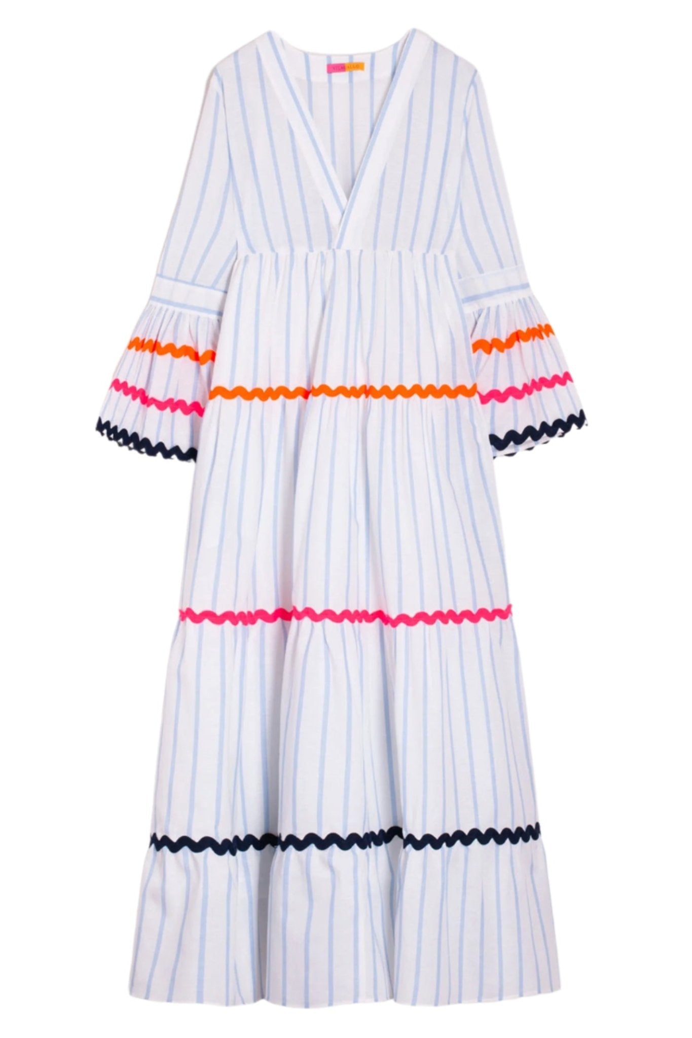 Vilagallo 32505 White Stripe Bell Sleeve Buffet Dress by Vilagallo with colorful rickrack detail, shop Vilagallo at Dotique