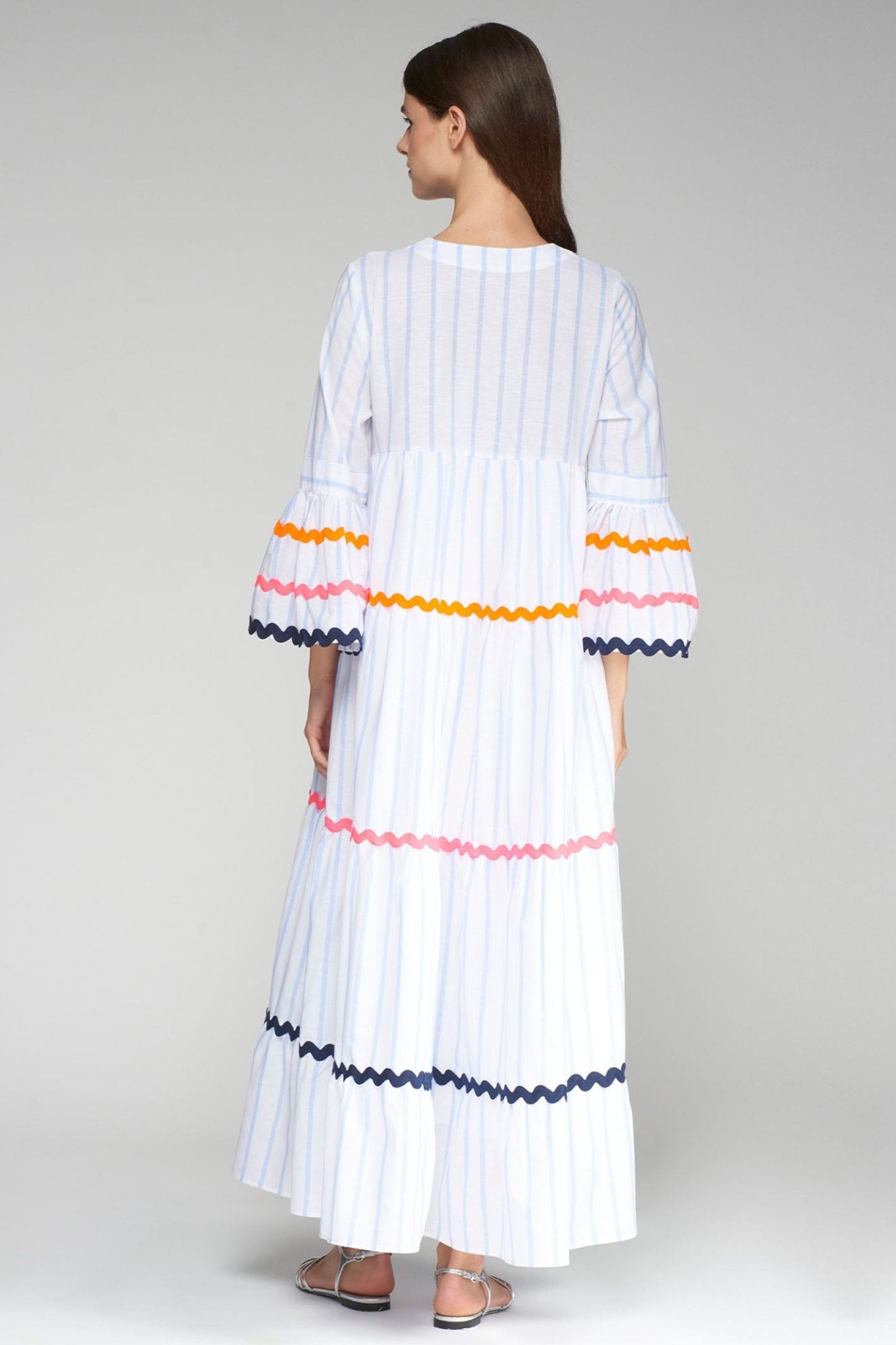 Vilagallo 32505 White Stripe Bell Sleeve Buffet Dress by Vilagallo, shop Vilagallo at Dotique for elegant style.