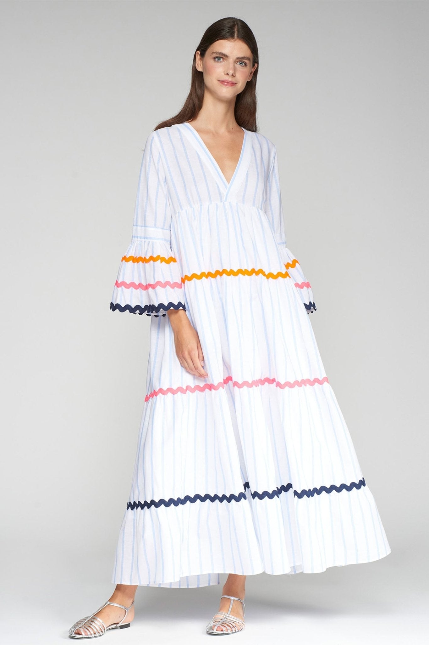 Model wearing Vilagallo 32505 White Stripe Bell Sleeve Buffet Dress by Vilagallo, shop Vilagallo at Dotique