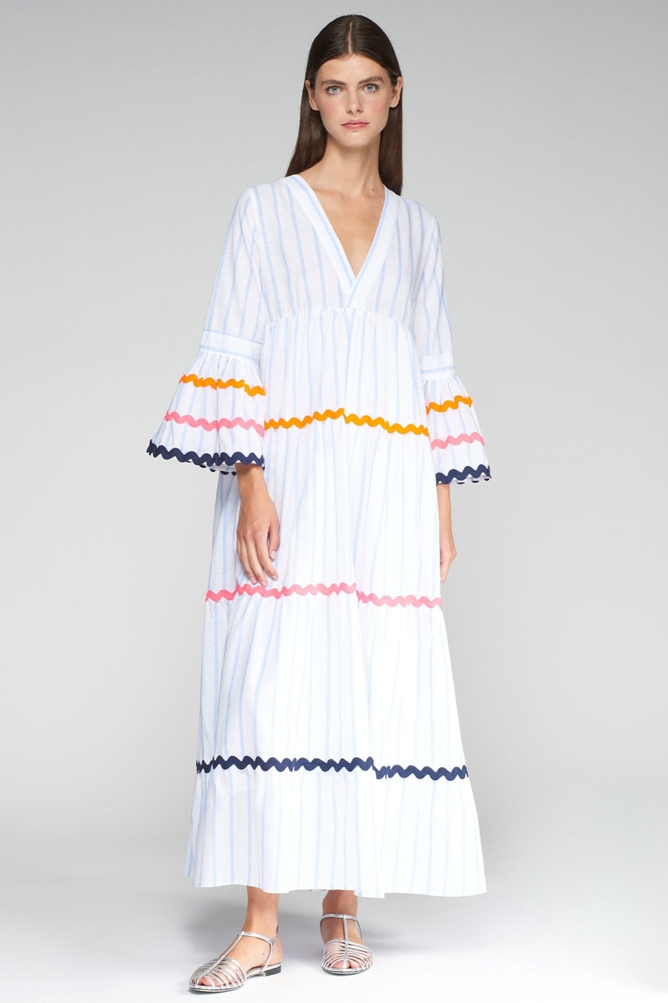 Vilagallo 32505 White Stripe Bell Sleeve Buffet Dress by Vilagallo, available to shop at Dotique.
