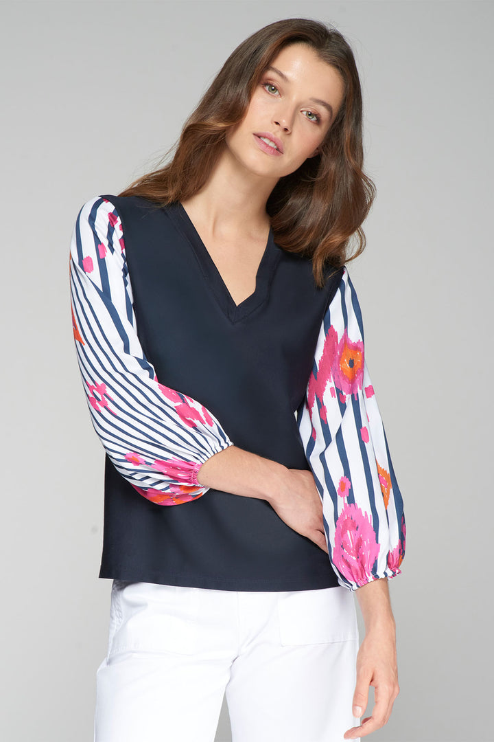 Vilagallo 32528 Navy Stripe Puff Sleeve V-Neck Top