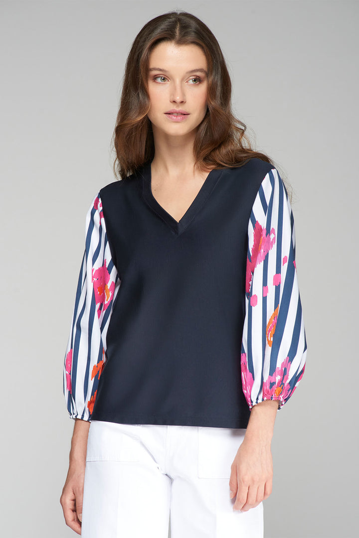 Vilagallo 32528 Navy Stripe Puff Sleeve V-Neck Top