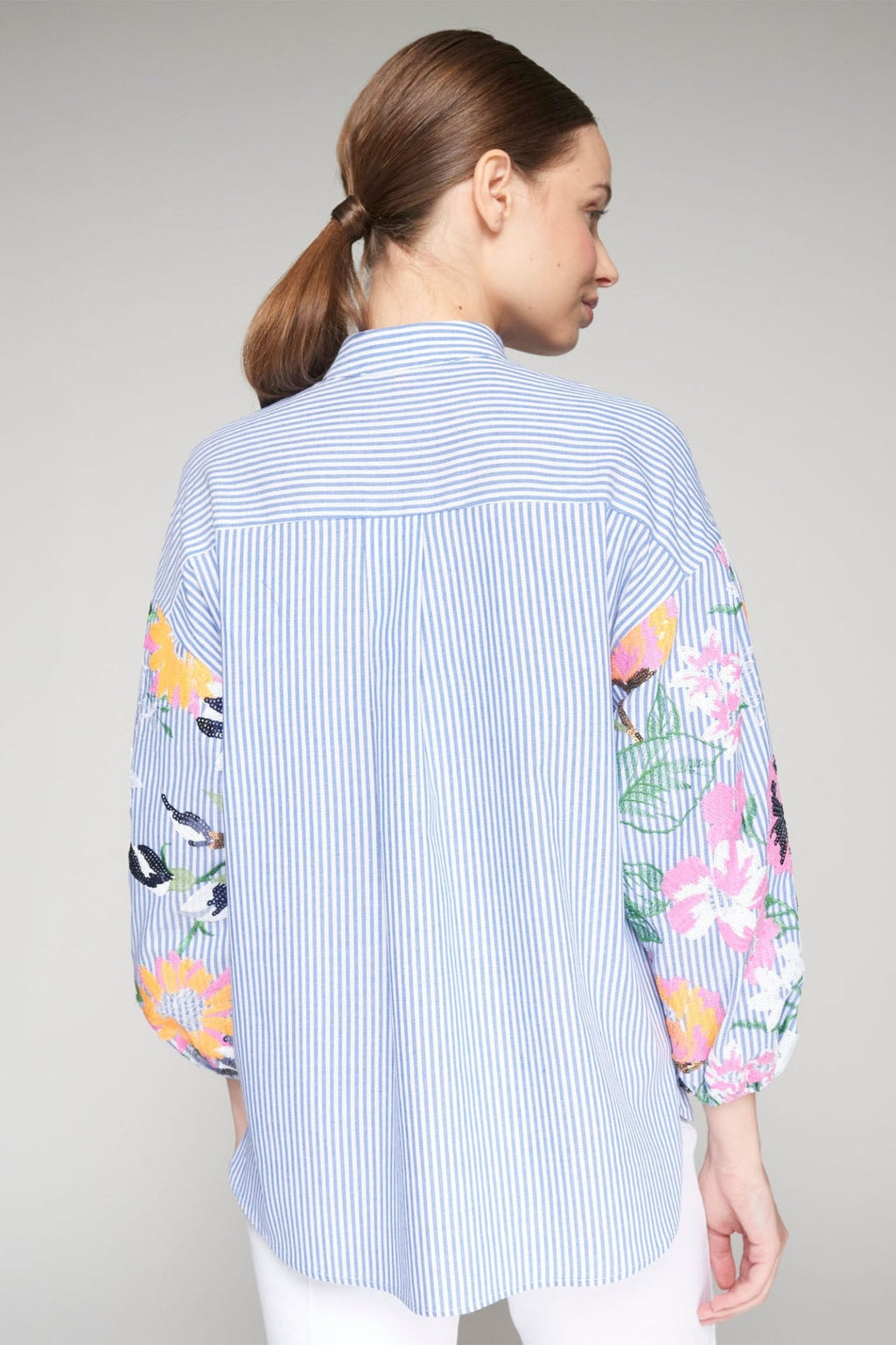 Vilagallo 32578 Blue Stripe Floral Puff Sleeve Blouse - Dotique - Vilagallo