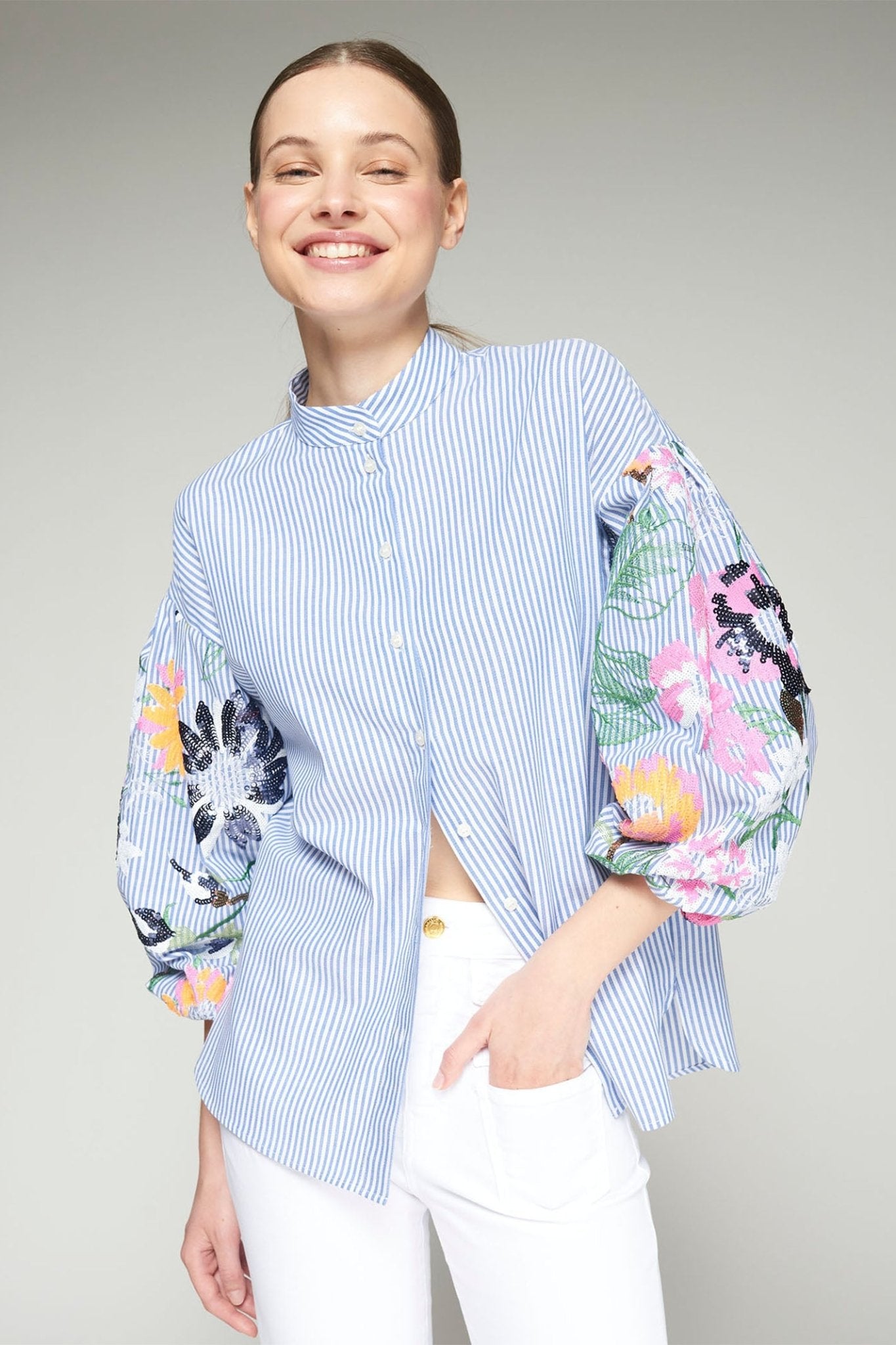 Vilagallo 32578 Blue Stripe Floral Puff Sleeve Blouse - Dotique - Vilagallo