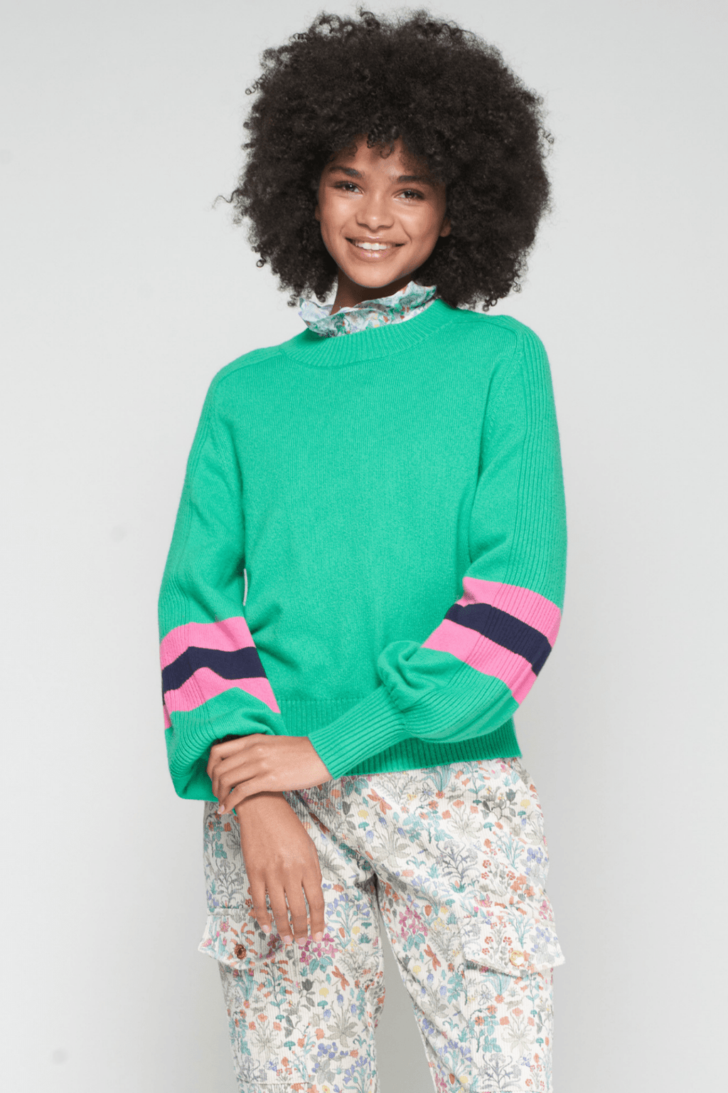 Vilagallo 32725 Green Pink & Navy Balloon Sleeve Jumper - Dotique - Vilagallo
