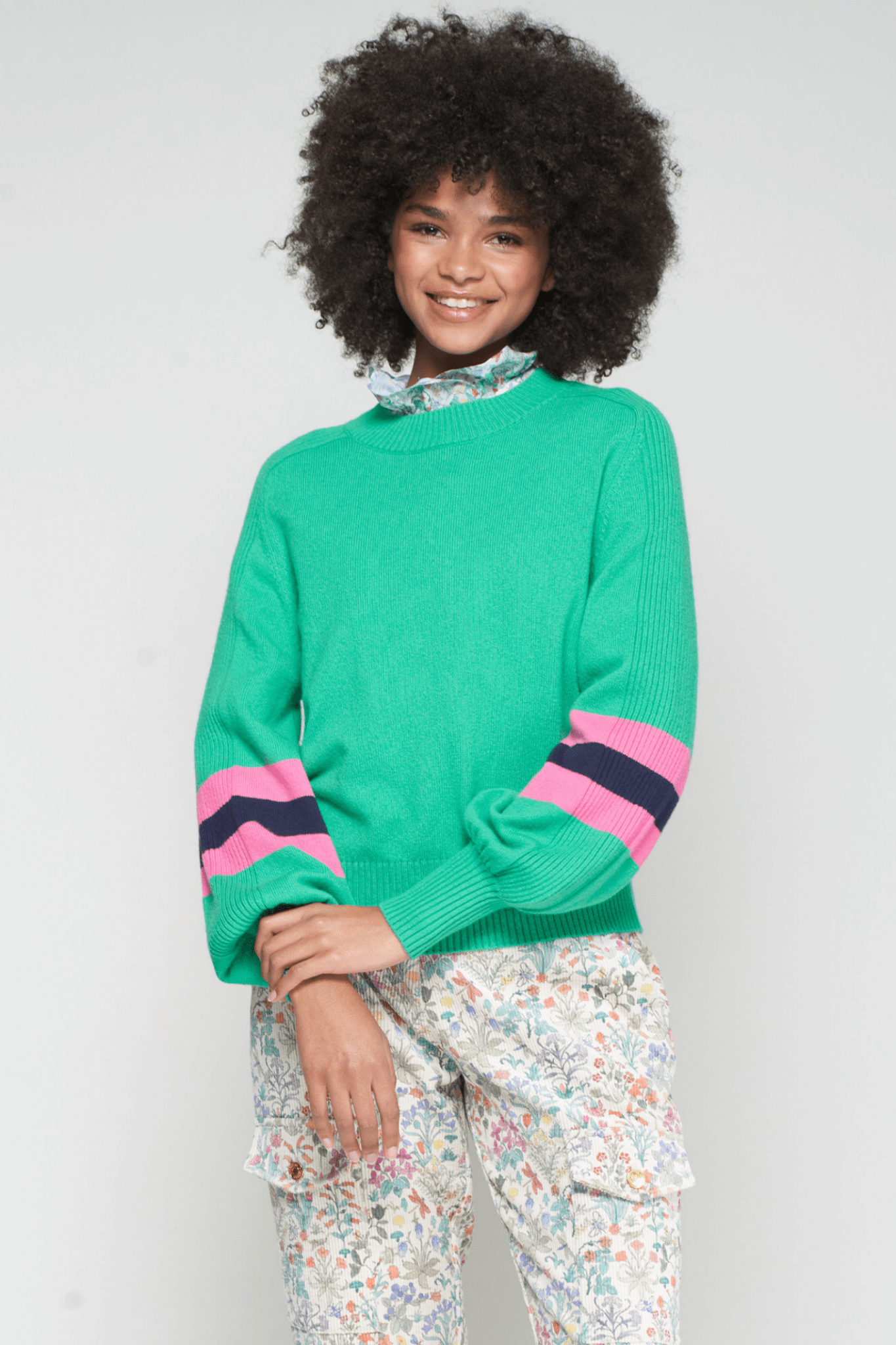 Vilagallo 32725 Green Pink & Navy Balloon Sleeve Jumper - Dotique - Vilagallo