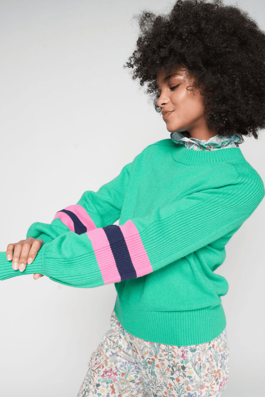 Vilagallo 32725 Green Pink & Navy Balloon Sleeve Jumper - Dotique - Vilagallo