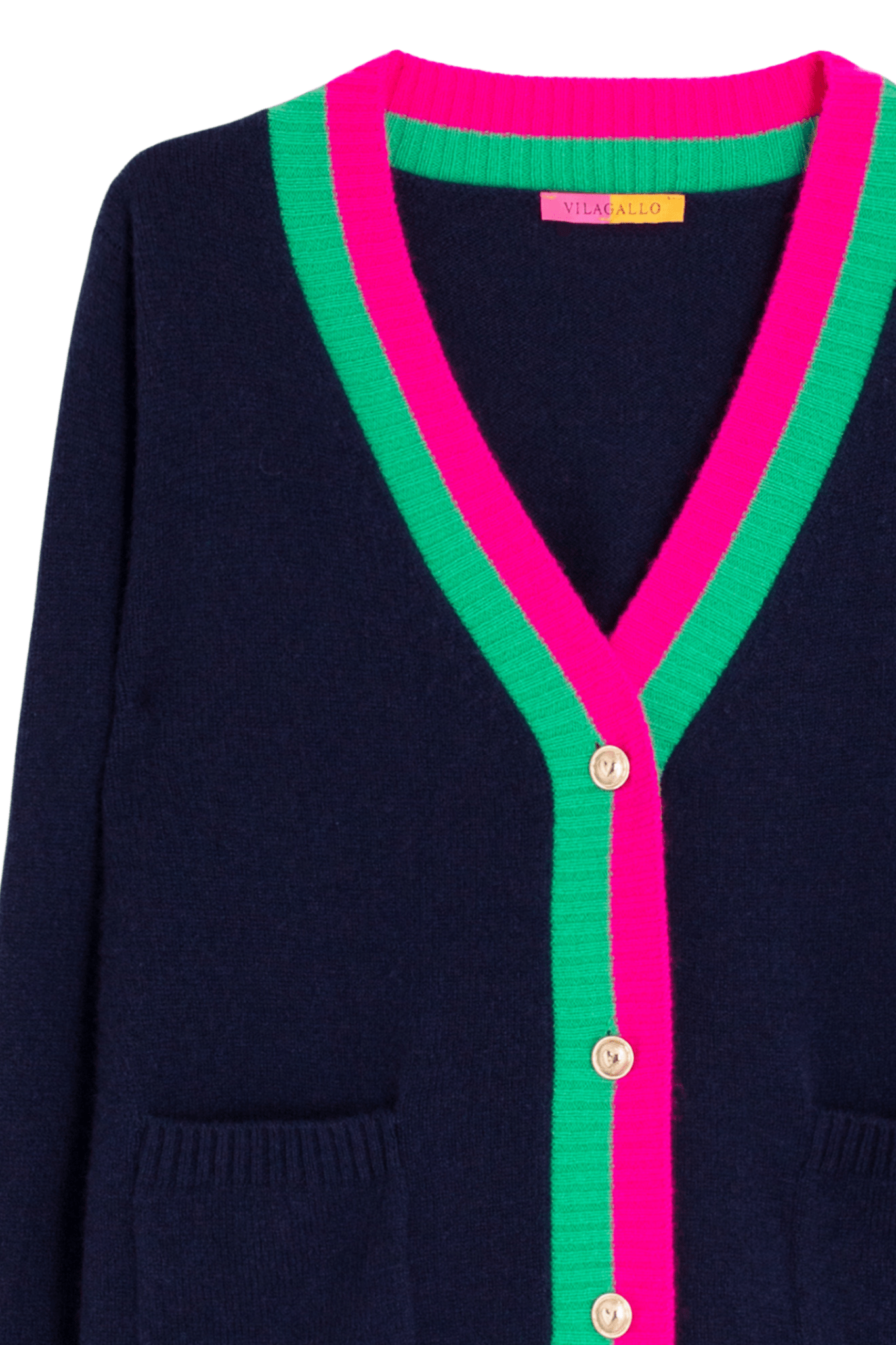 Vilagallo 32732 Navy Wool Cardigan with Pink & Green Trim by Vilagallo, shop Vilagallo at Dotique.